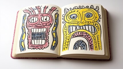 A colorful illustration in a sketchbook features two expressive, abstract faces with exaggerated features and vibrant colors.