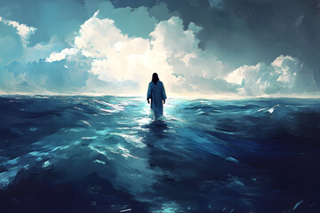 Fototapeta premium Jesus miraculously walks on water across the sea as in bible