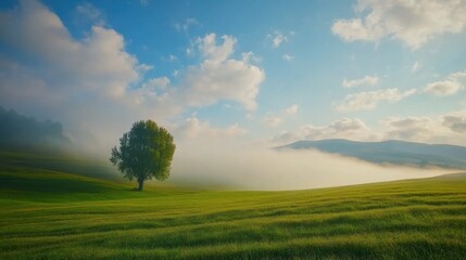 Obraz premium Misty Morning Landscape with Lush Green Field and Solitary Tree