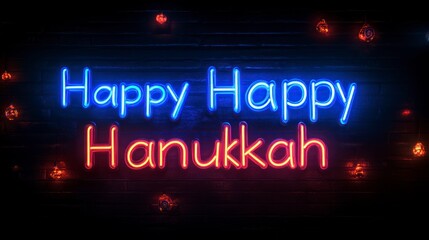 Neon blue "Happy Hanukkah" sign with a glowing dreidel icon, casting a soft light on a matte black background.