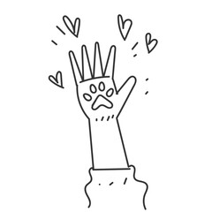 pet paw and human hand in doodle sign cartoon