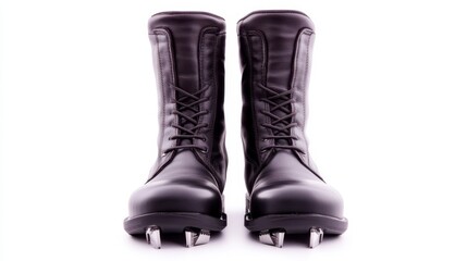 A pair of sturdy black boots with spikes, designed for traction and performance in rugged environments.