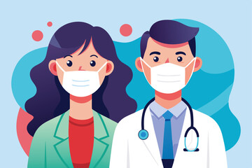 Female and male doctors wear masks while standing together to promote health and safety Female doctor in medical Man doctor with medical mask icon
