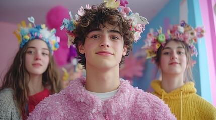 Handmade DIY Photobooth with Colorful Decorations Showcasing Creative Floral Crowns in a Vibrant Setting