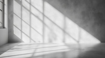 Versatile white and grey studio interior background with product displays and natural window shadows ideal for text insertion, product presentations, and professional photography backdrops