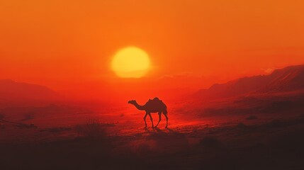 Camel silhouetted against a vibrant sunset in a desert landscape.