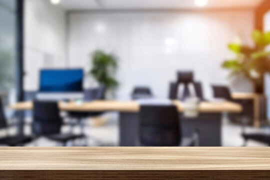 empty wooden top blurred for background. personal office desk for boss office room. this background is ideal for online meeting background or educational meeting for decoration, display, montage 