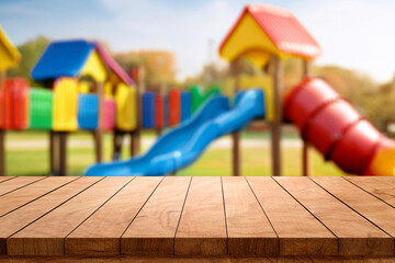 empty wooden table top blurred playground. Wooden tabletop over defocused public park background. product promotion in the play ground for decoration, display, montage.