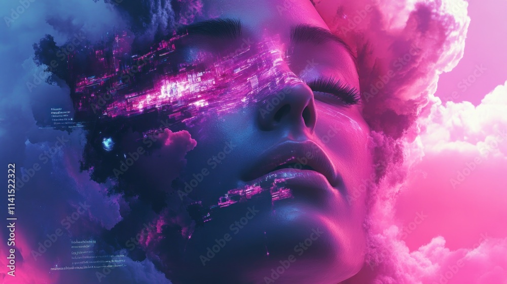 Poster A surreal portrait blending human features with vibrant clouds and digital elements.