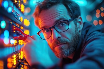 IT technician working on server room data center