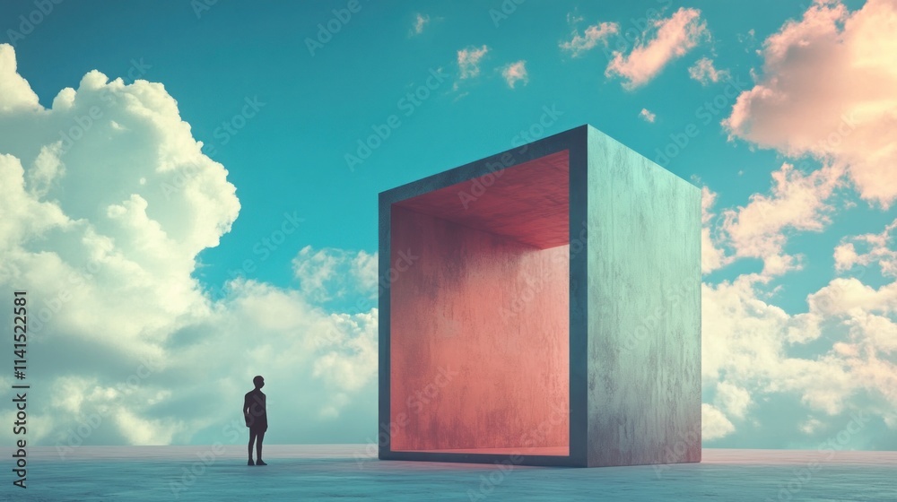 Poster a surreal scene featuring a figure beside a large, open cube against a dreamy sky.