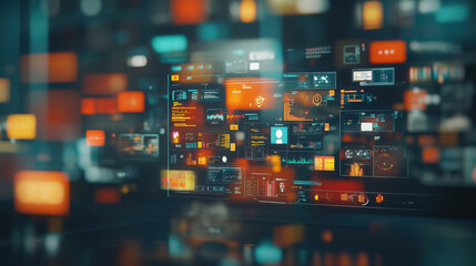 Futuristic control room with AI powered monitoring systems and data displays