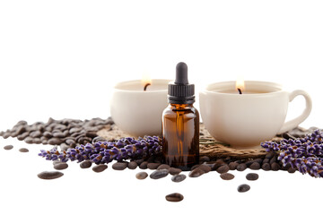Aromatherapy setup with essential oil bottles, lavender sprigs, and lit candles isolated on transparent background, cut out, PNG
