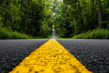 A road with a yellow line in the middle of a forest