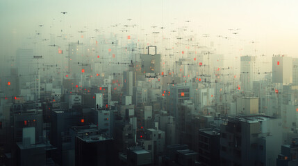 Naklejka premium futuristic cityscape with AI driven drones monitoring urban life, showcasing advanced technology and innovation
