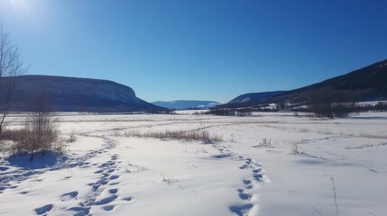 Scenic Winter Landscape with Snow-Covered Mountains and Clear Blue Sky