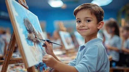 Bright and Cheery Art Class for Children Promoting Creativity and Self-Expression Through Painting Activities in Inspiring Atmosphere