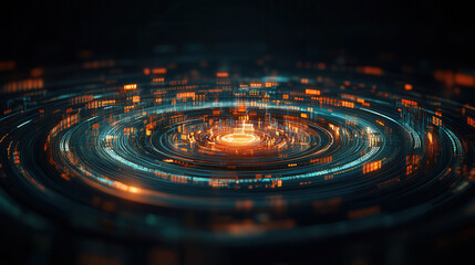 Futuristic digital shield with glowing elements in circular pattern