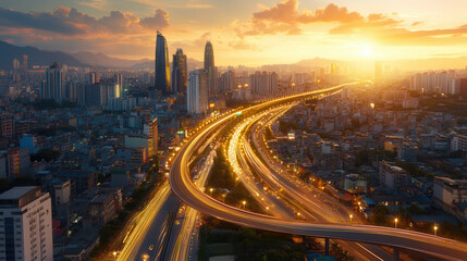 Obraz premium stunning sunset over futuristic cityscape with glowing highways and skyscrapers. vibrant colors create captivating atmosphere