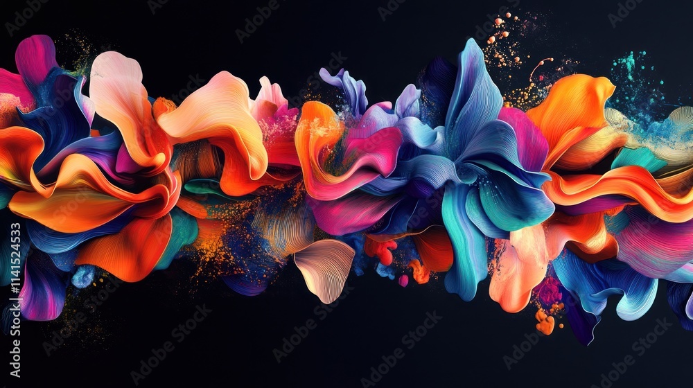Poster a vibrant abstract composition of flowing colors and shapes, evoking creativity and emotion.