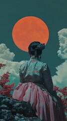 Fototapeta premium Serene Woman in Pink Hanbok under a Red Moon