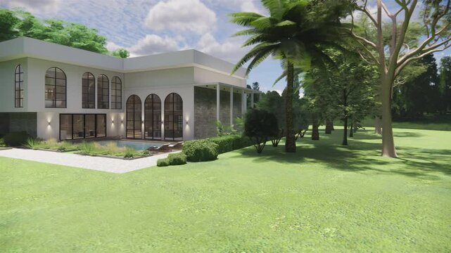 Modern house exterior with garden  landscape .3D rendering model of the building.3d animation render isometric floor plan of modern contemporary house.