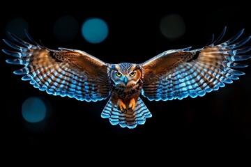 Fototapeta premium An owl feathers forming a beautiful pattern as it spreads its wings to take flight in a twilight forest