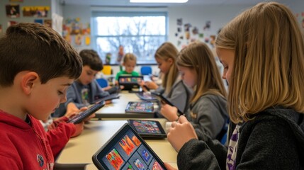 Obraz premium Interactive learning for kids engaging tablet activities and educational content in classrooms