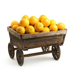 A rustic wooden cart filled with fresh, vibrant oranges, showcasing their bright color and natural beauty against a clean, white isolated background.
