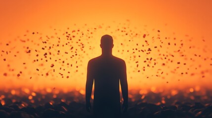 Obraz premium Silhouette of a Person Surrounded by Floating Particles Against a Vibrant Sunset Background, Symbolizing Transformation and Consciousness
