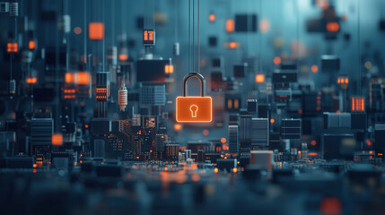 Fototapeta premium glowing holographic padlock floats above futuristic cityscape, symbolizing security and technology