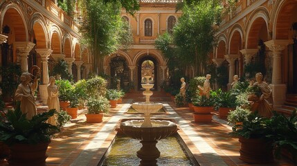 Fototapeta premium Sunlit courtyard with fountain, statues, and plants.