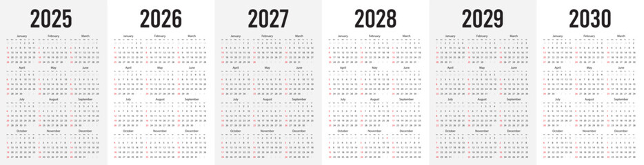 Minimalist Calendar Set 2025-2030. Editable vertical vector calender