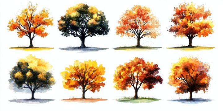 Autumn Trees Watercolor Set on White Background for  Designs