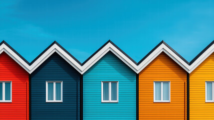 Brightly painted, triangular-roofed houses stand out under a clear blue sky, forming a vivid modern landscape.
