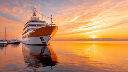 A majestic yacht at sunset reflects golden hues on the calm sea, embodying luxury and the exhilaration of maritime travel against a stunning backdrop.