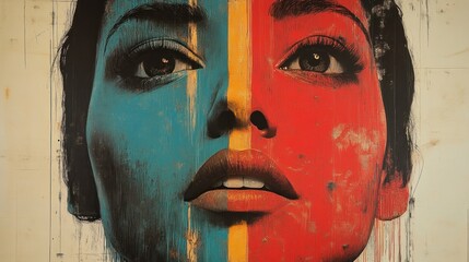 Abstract painted portrait, woman's face, divided colors.