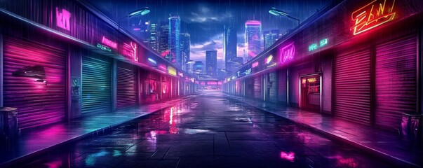 Futuristic Cyberpunk City Alley with Neon Lights at Night -  Urban Scene