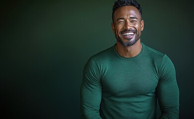 Fototapeta premium A man with a green shirt is smiling and laughing