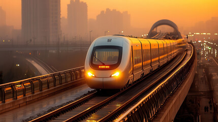 Naklejka premium high speed train gliding through modern city at sunset, showcasing urban life