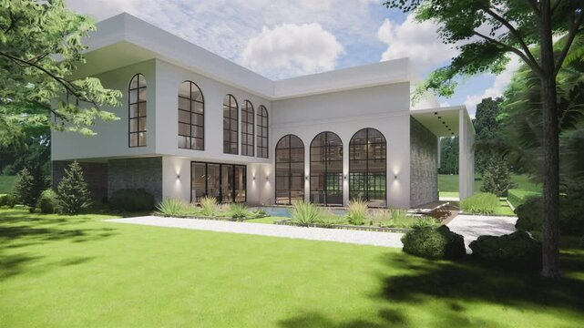Modern house exterior with garden  landscape .3D rendering model of the building.3d animation render isometric floor plan of modern contemporary house.
