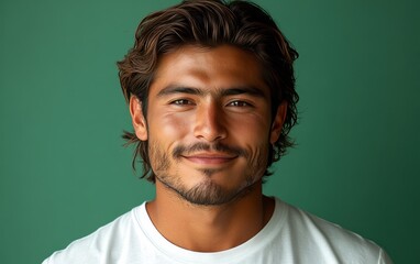 Obraz premium A young man with casual t-shirt is smiling at the camera, solid color background