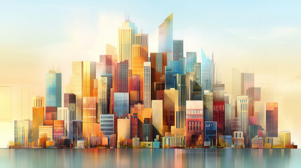 Fototapeta premium vibrant modern cityscape featuring blend of traditional and contemporary architecture, showcasing colorful skyscrapers and reflections