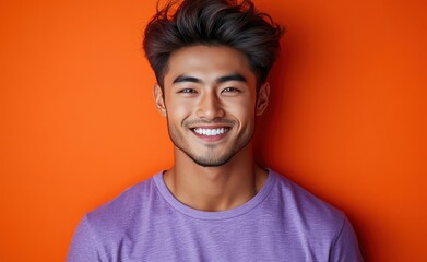 Fototapeta premium A young man with casual t-shirt is smiling at the camera, solid color background