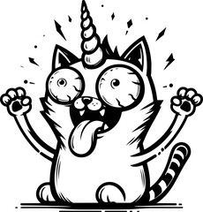 Obraz premium Crazy Unicorn Cat: A cartoon cat with a unicorn horn, wide eyes, and a long tongue sticking out, has gone completely crazy. This hilarious illustration is perfect for memes, social media.