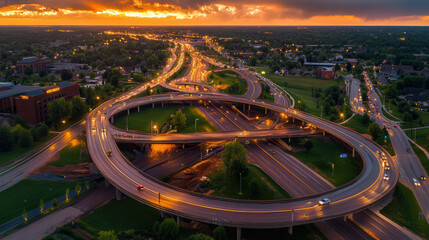 Naklejka premium modern highway network with sleek overpasses and vibrant sunset