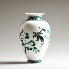 A beautifully crafted porcelain vase featuring intricate floral designs and a majestic bird motif, showcasing fine artistry and craftsmanship in a minimalist setting.