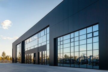 Fototapeta premium Modern industrial prefabricated building featuring sleek steel and glass architecture for contemporary design.