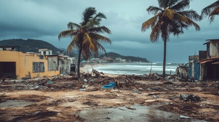 Obraz premium Devastated Coastal Landscape After Natural Disaster with Palm Trees