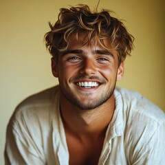 Fototapeta premium A young man with casual t-shirt is smiling at the camera, solid color background